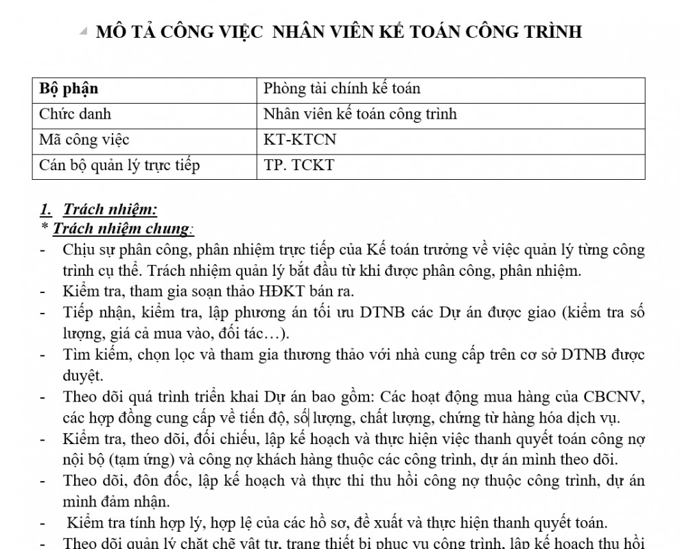 Quản trị phòng tài chính kế toán - Mô tả công việc của kế toán công trình