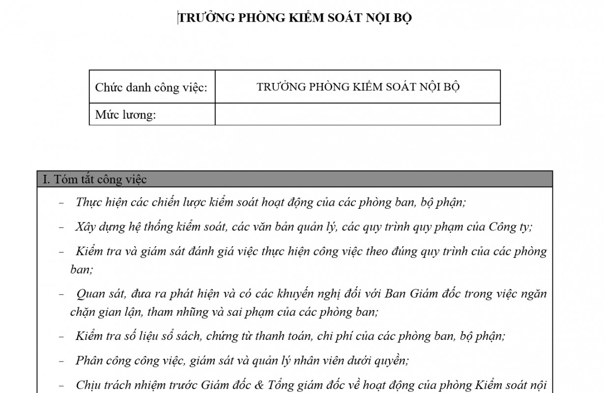 Quản trị kiểm soát nội bộ - Mô tả công việc của trưởng phòng kiểm soát nội bộ