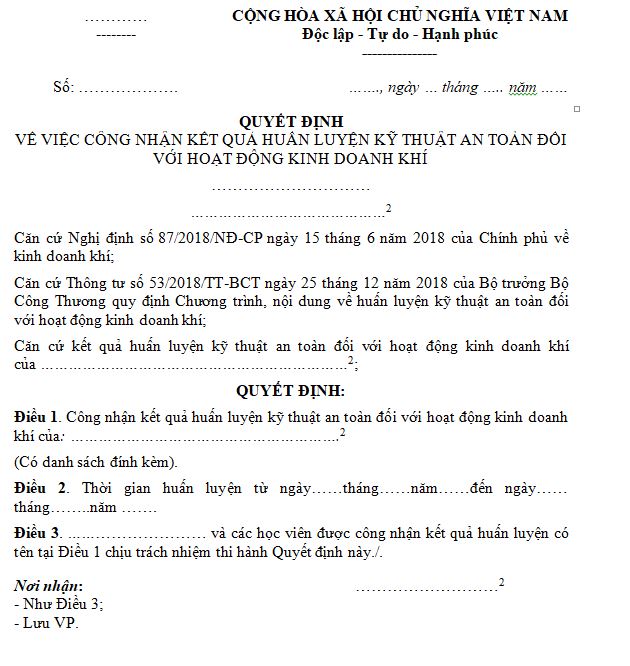 Mẫu quyết định công nhận kết quả huấn luyện kỹ thuật an toàn đối với hoạt động kinh doanh khí