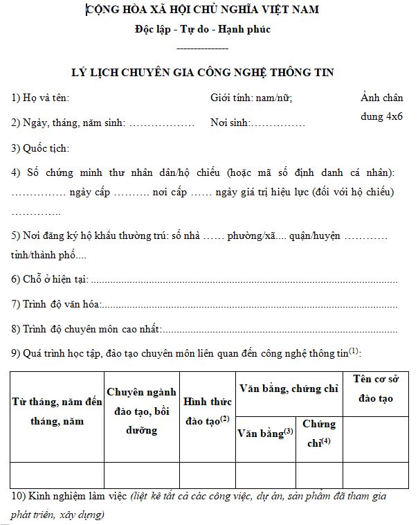 Mẫu lý lịch chuyên gia công nghệ thông tin