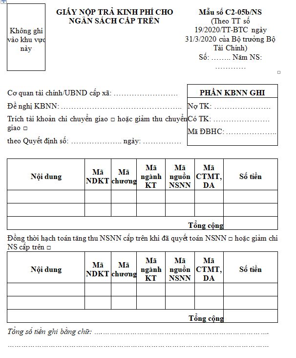 Mẫu C2-05b/NS: Giấy nộp trả kinh phí cho ngân sách cấp trên