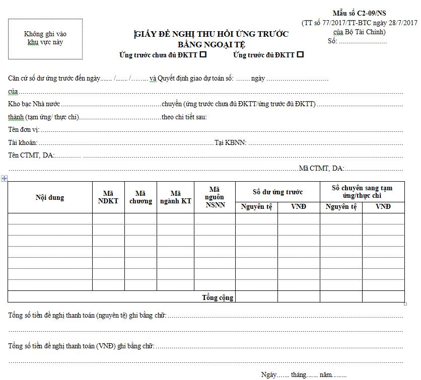 Mẫu C2-09/NS giấy đề nghị thu hồi ứng trước bằng ngoại tệ