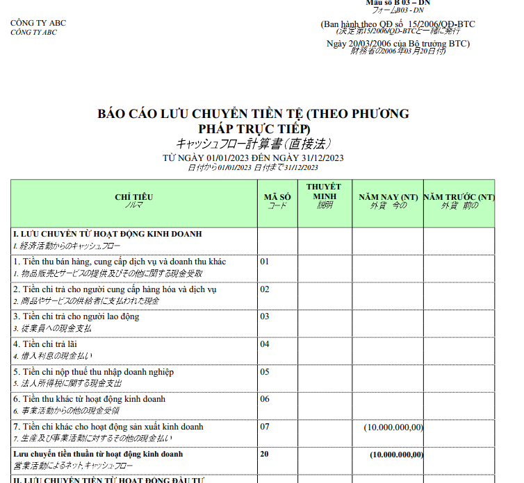 Mẫu báo cáo lưu chuyển tiền tệ theo PP trực tiếp ngoại tệ ( SONG NGỮ - TIẾNG NHẬT )