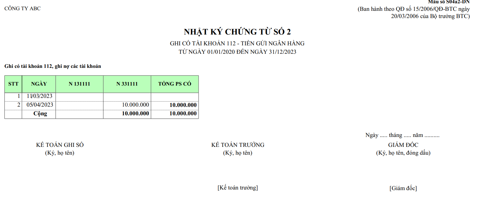 Mẫu nhật ký chứng từ số 2 - Tiền gửi ngân hàng