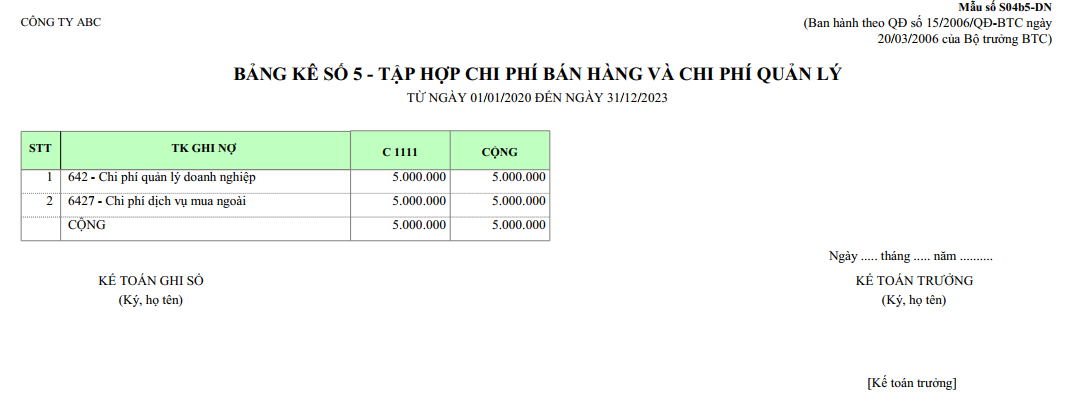 Mẫu bảng kê số 5 - Tập hợp chi phí bán hàng và chi phí quản lý