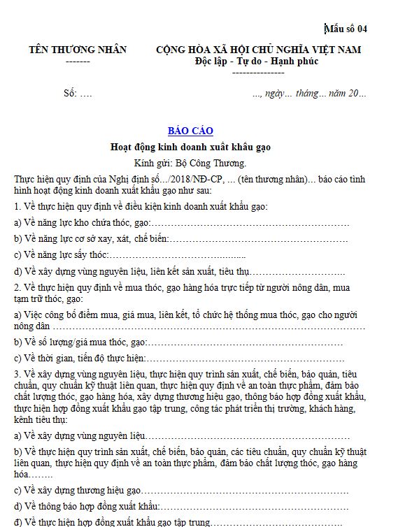 Mẫu báo cáo hoạt động kinh doanh xuất khẩu gạo