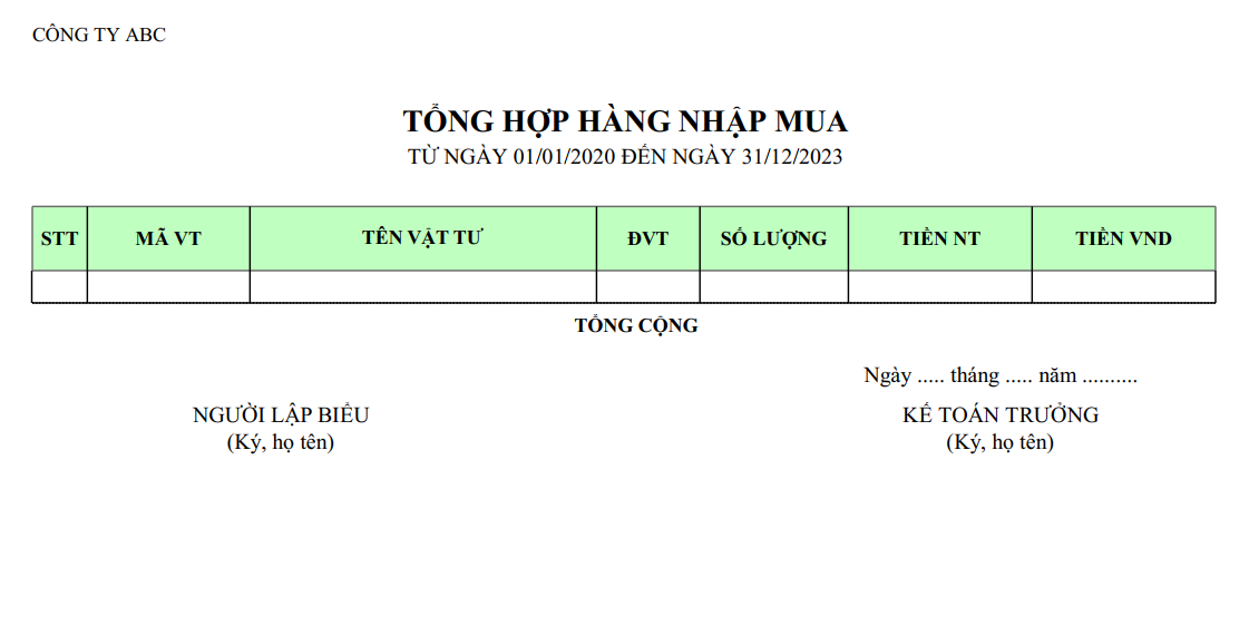 Mẫu tổng hợp hàng nhập mua ( Ngoại tệ )