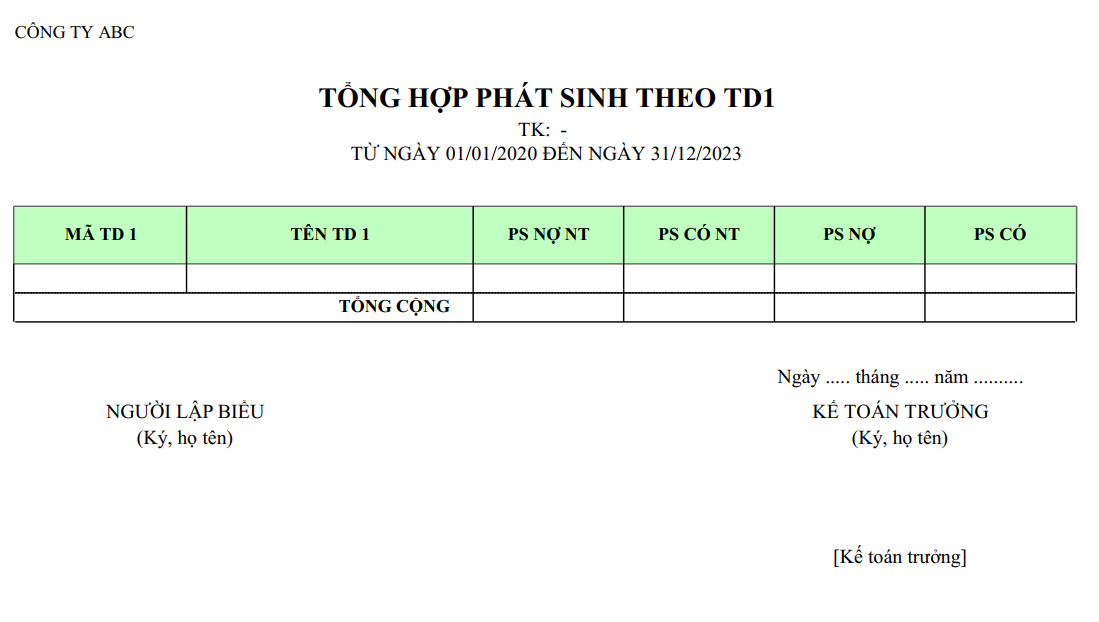 Mẫu bảng kê chứng từ theo trường tự do ( Ngoại tệ )