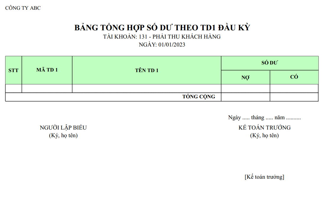 Mẫu bảng tổng hợp số dư theo trường tự do đầu kỳ