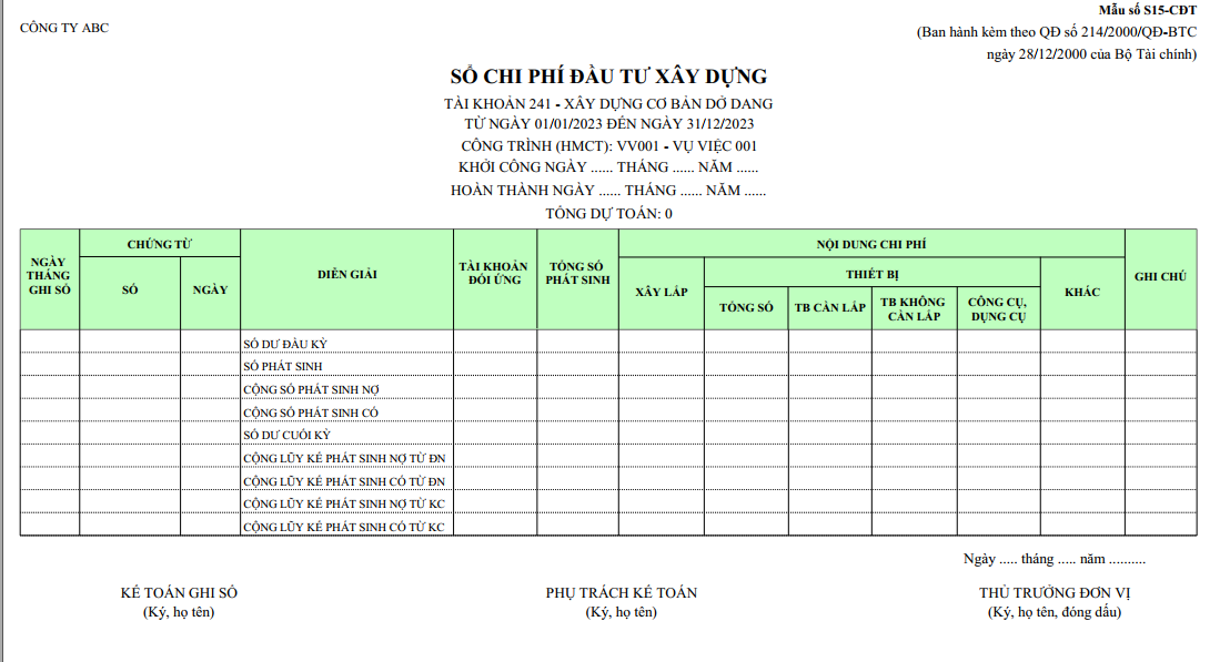 Mẫu sổ chi phí đầu tư xây dựng