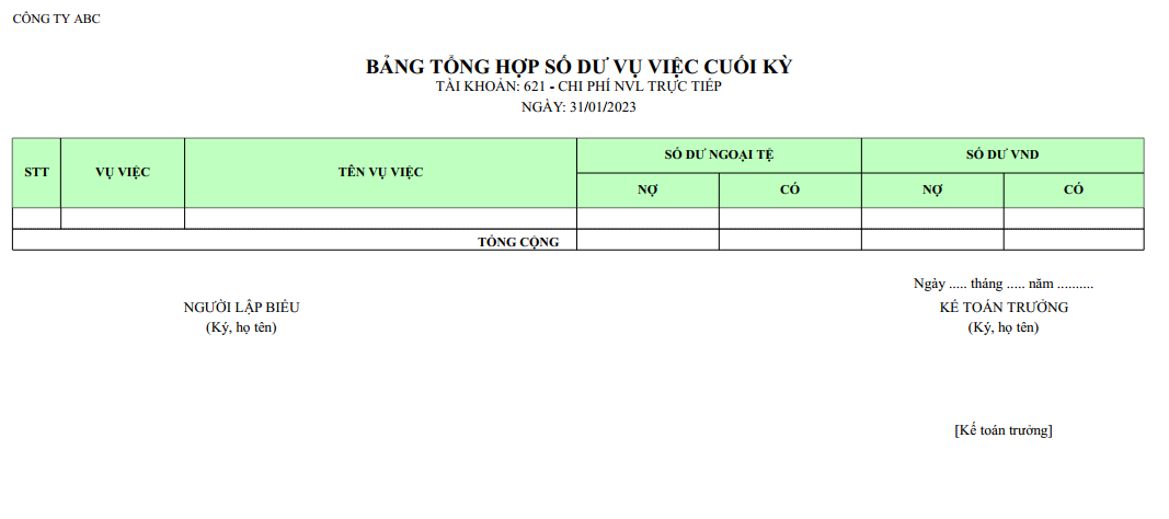 Mẫu bảng tổng hợp số dư vụ việc cuối kỳ ( NGOẠI TỆ )