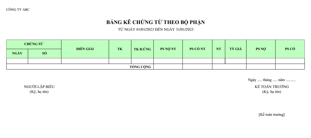 Mẫu bảng kê chứng từ theo bộ phận ( NGOẠI TỆ )