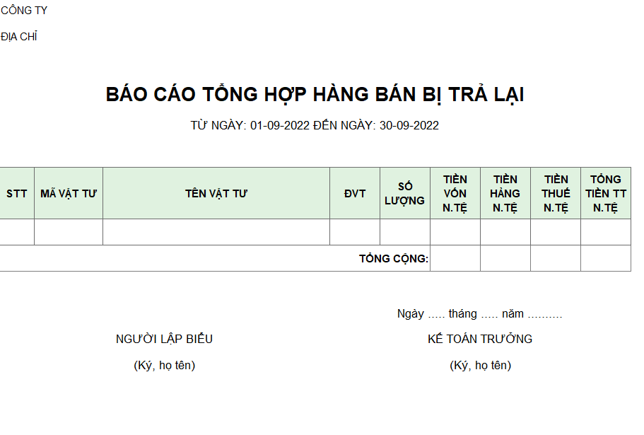 Mẫu báo cáo tổng hợp hàng bán bị trả lại ( có giá vốn ) ( NGOẠI TỆ )