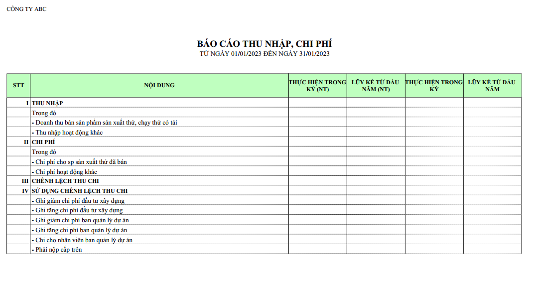 Mẫu báo cáo thu nhập, chi phí ( NGOẠI TỆ )