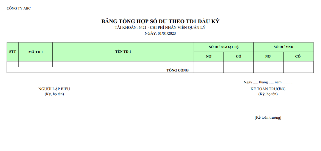 Mẫu bảng tổng hợp số dư các trường tự do đầu kỳ ( NGOẠI TỆ )