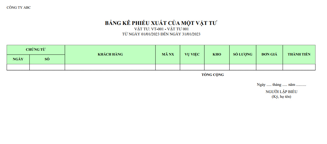 Mẫu bảng kê phiếu xuất của một vật tư ( Số lượng và giá trị )