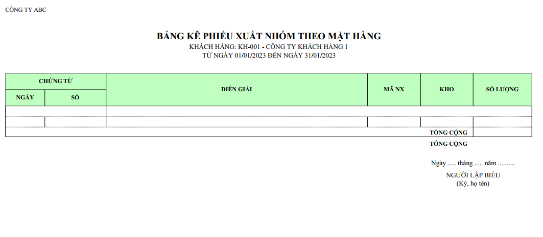 Mẫu bảng kê phiếu xuất nhóm theo mặt hàng