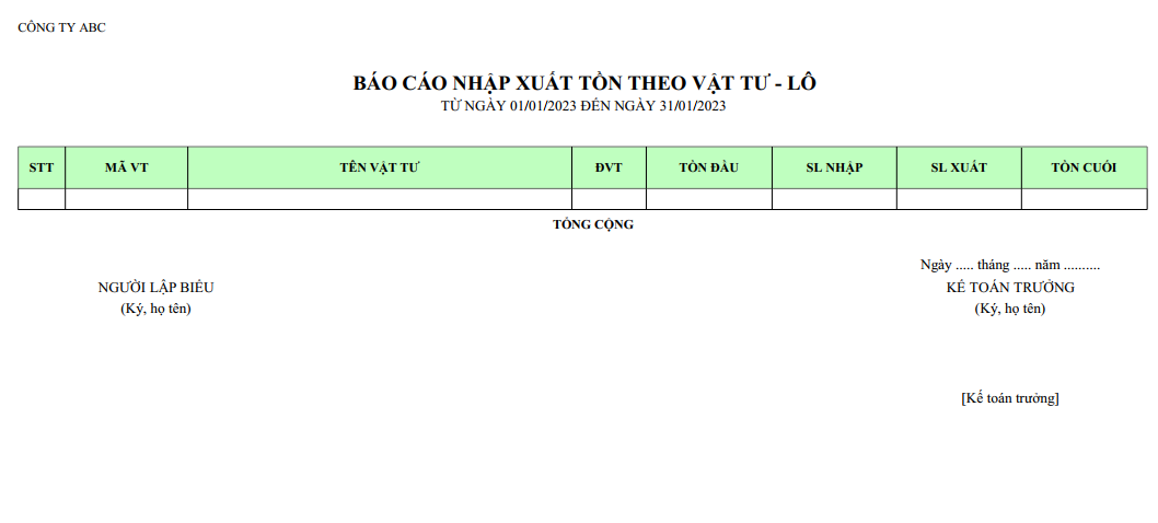 Mẫu báo cáo nhập xuất tồn theo vật tư - lô