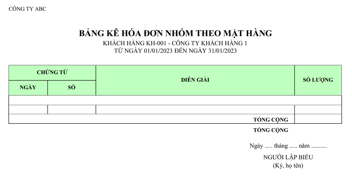 Mẫu bảng kê hoá đơn của một khách hàng theo mặt hàng