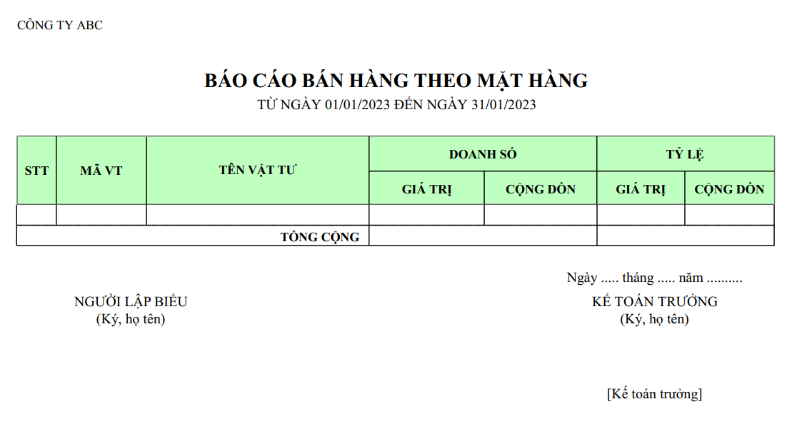 Mẫu báo cáo bán hàng theo mặt hàng ( NGOẠI TỆ )