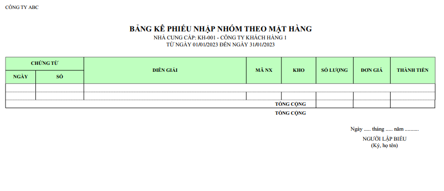 Mẫu bảng kê phiếu nhập nhóm theo mặt hàng ( Số lượng và giá trị )