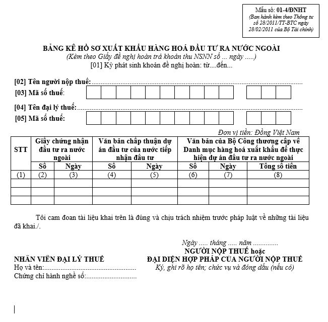 Mẫu số 01-4/ĐNHT: Bảng kê hồ sơ xuất khẩu hàng hóa đầu tư ra nước ngoài  ban hành kèm theo Thông tư 28/2011/TT-BTC