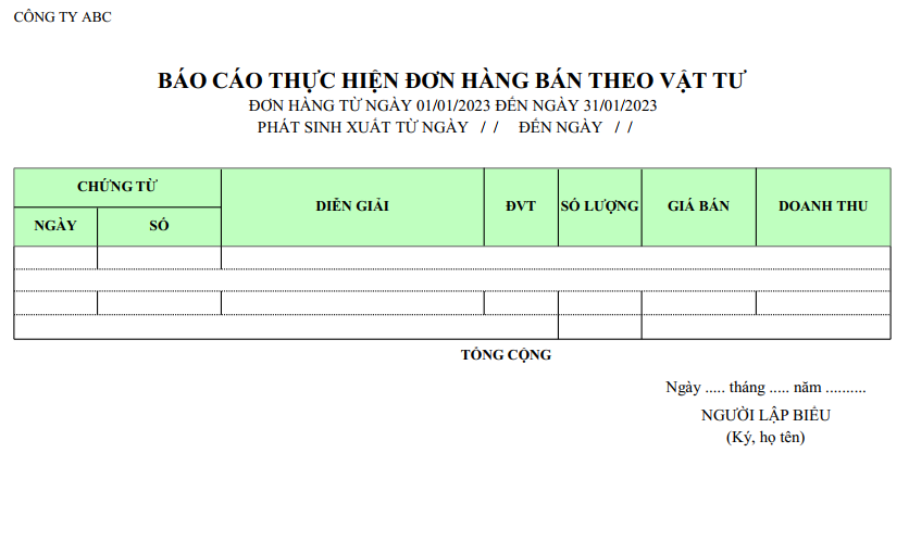 Mẫu báo cáo thực hiện đơn hàng bán theo vật tư