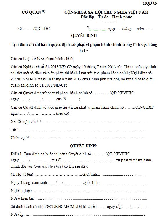 Mẫu MQĐ 09: Quyết định tạm đình chỉ thi hành quyết định xử phạt vi phạm hành chính