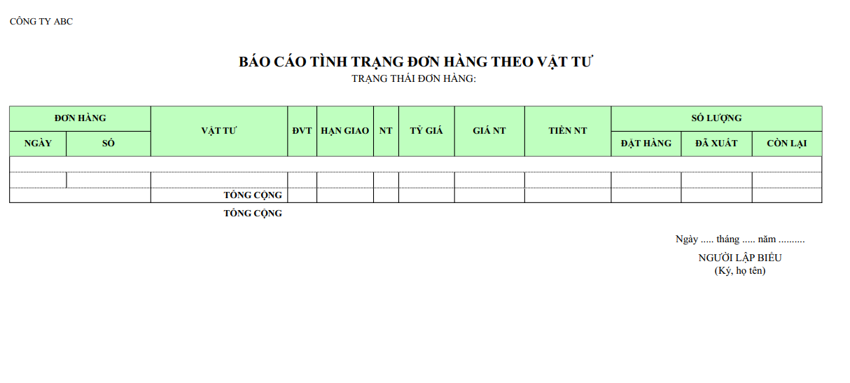 Mẫu báo cáo tình trạng đơn hàng theo vật tư ( NGOẠI TỆ )