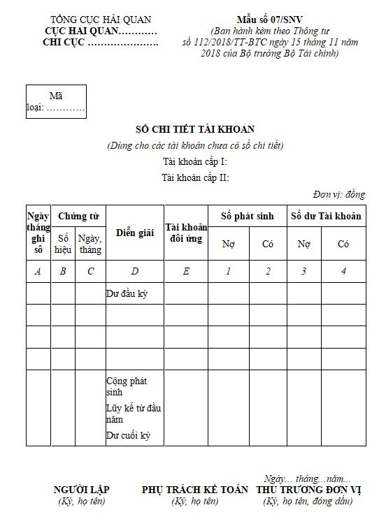 Mẫu số 07/SNV: Sổ chi tiết tài khoản