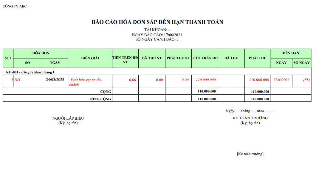 Mẫu báo cáo hoá đơn sắp đến hạn thanh toán ( NGOẠI TỆ )