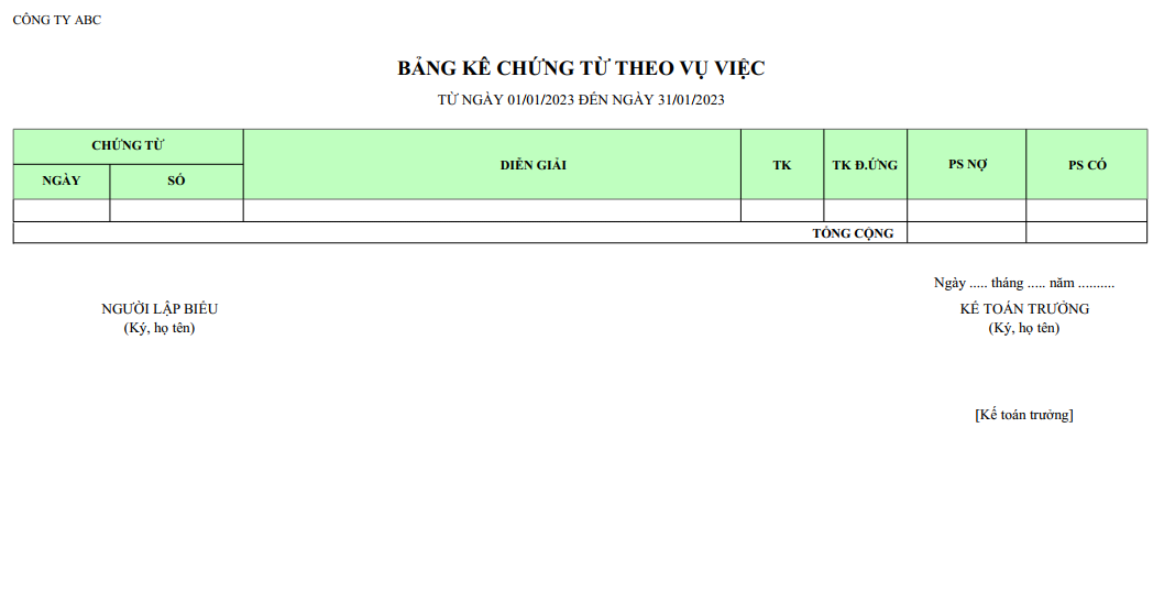 Mẫu bảng kê chứng từ theo vụ việc