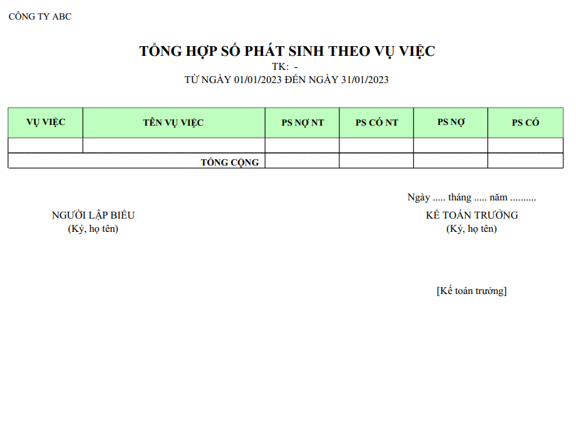 Mẫu tổng hợp phát sinh theo vụ việc ( NGOẠI TỆ )