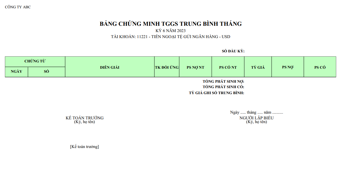 Mẫu bảng chứng minh TGGS trung bình tháng