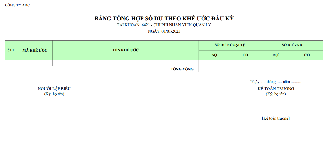 Mẫu bảng tổng hợp số dư theo khế ước đầu kỳ ( NGOẠI TỆ )