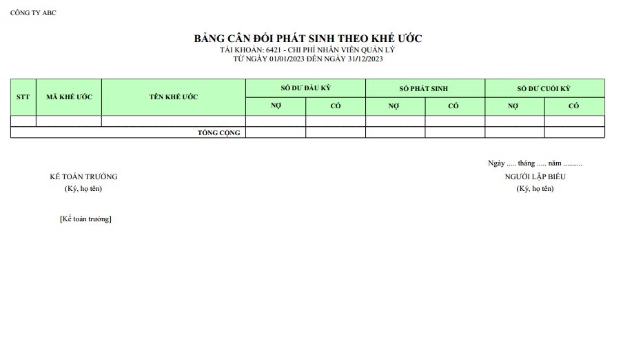 Mẫu bảng cân đối phát sinh theo khế ước ( NGOẠI TỆ )