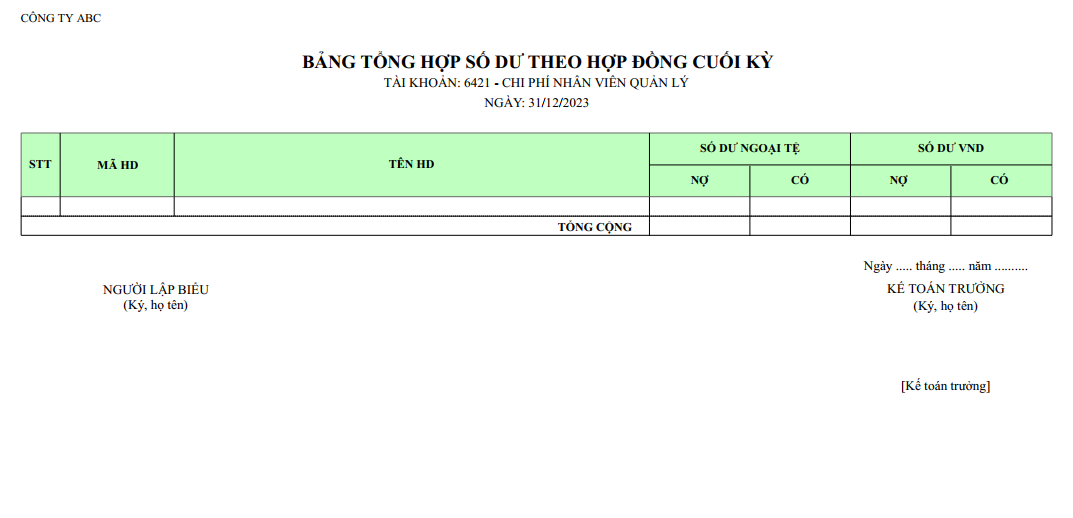 Mẫu bảng tổng hợp số dư hợp đồng cuối kỳ ( NGOẠI TỆ )