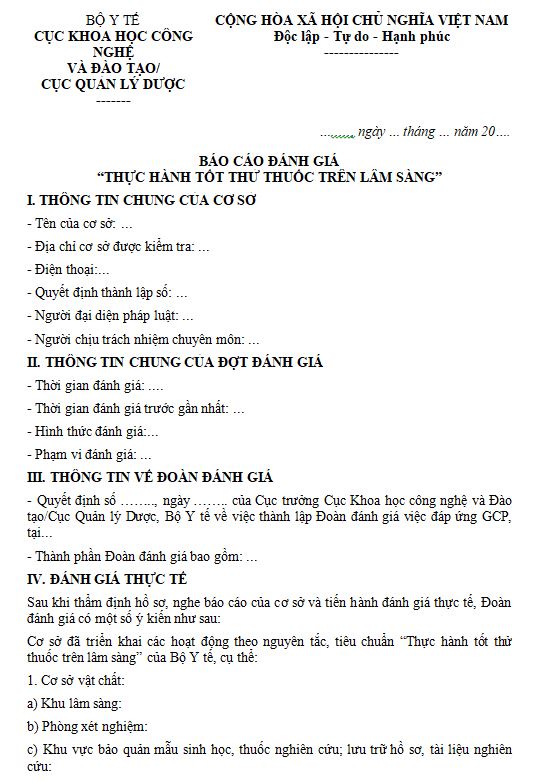 Mẫu báo cáo đánh giá việc đáp ứng thực hành tốt thử thuốc trên lâm sàng