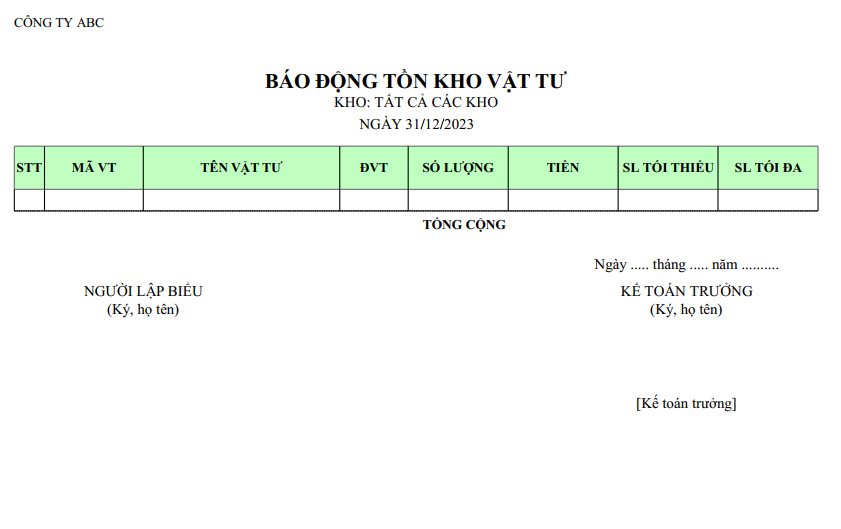 Mẫu báo động tồn kho vật tư ( Số lượng và giá trị )