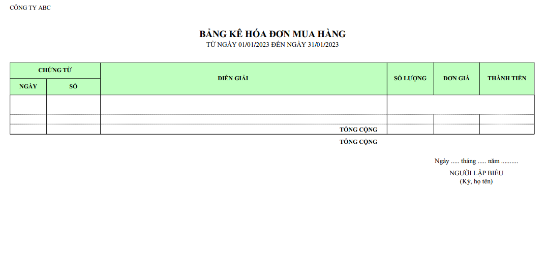 Mẫu bảng kê hoá đơn mua hàng ( Số lượng và giá trị )