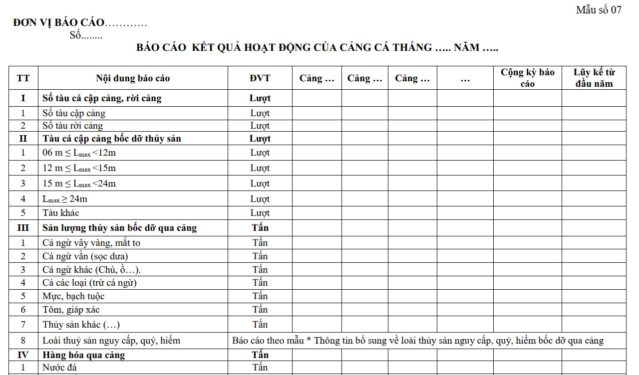 Mẫu báo cáo kết quả hoạt động của cảng cá