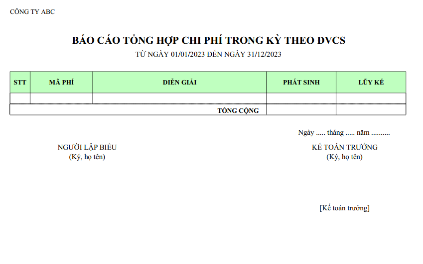 Mẫu báo cáo tổng hợp chi phí trong kỳ theo ĐVCS - Mã phí ( NGOẠI TỆ )