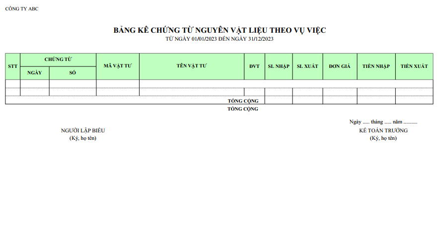 Mẫu bảng kê chứng từ NVL theo vụ việc ( NGOẠI TỆ )