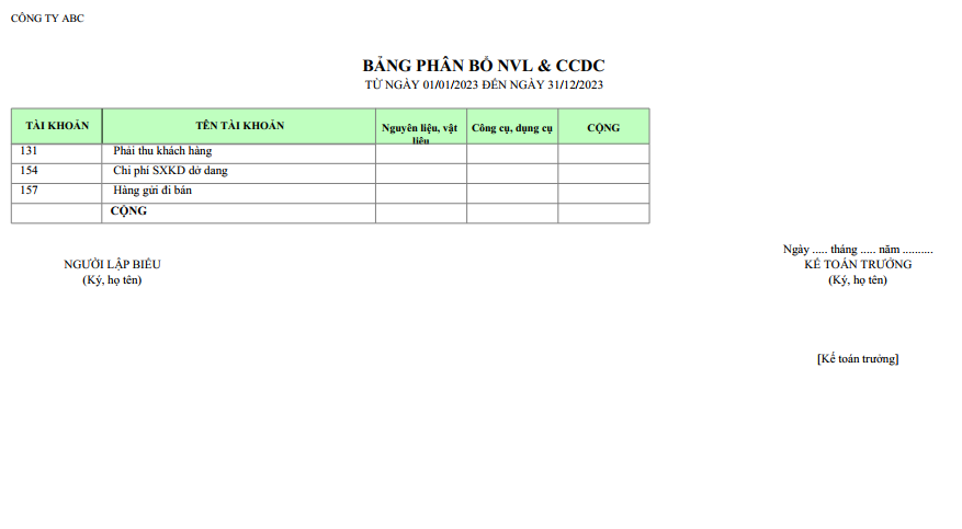 Mẫu bảng phân bổ NVL và CCDC ( NGOẠI TỆ )