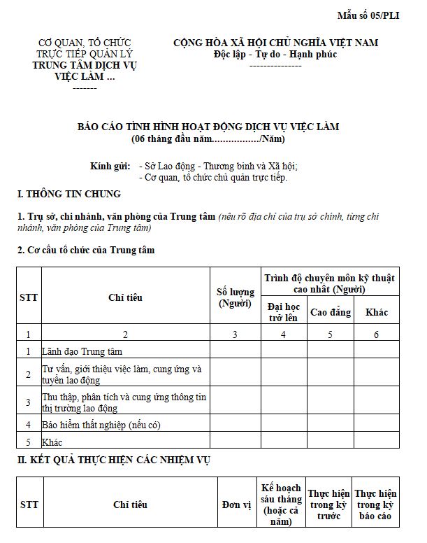 Mẫu số 05/PLI: Báo cáo tình hình hoạt động dịch vụ việc làm sáu tháng đầu năm hoặc cả năm (dành cho Trung tâm dịch vụ việc làm)