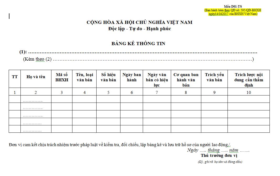 D01-TS Bảng kê thông tin được ban hành kèm theo Quyết định 595 năm 2017 của Bảo hiểm xã hội Việt Nam