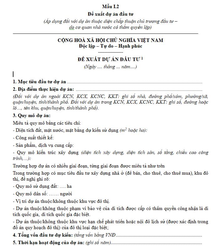 Mẫu đề xuất dự án đầu tư (Áp dụng đối với dự án thuộc diện chấp thuận chủ trương đầu tư – do cơ quan nhà nước có thẩm quyền lập)