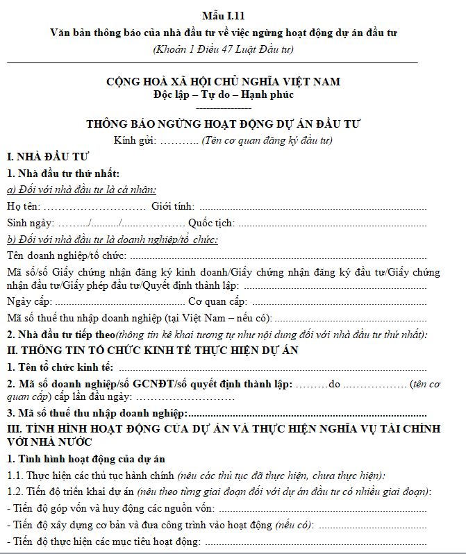 Mẫu văn bản thông báo của nhà đầu tư về việc ngừng hoạt động dự án đầu tư
