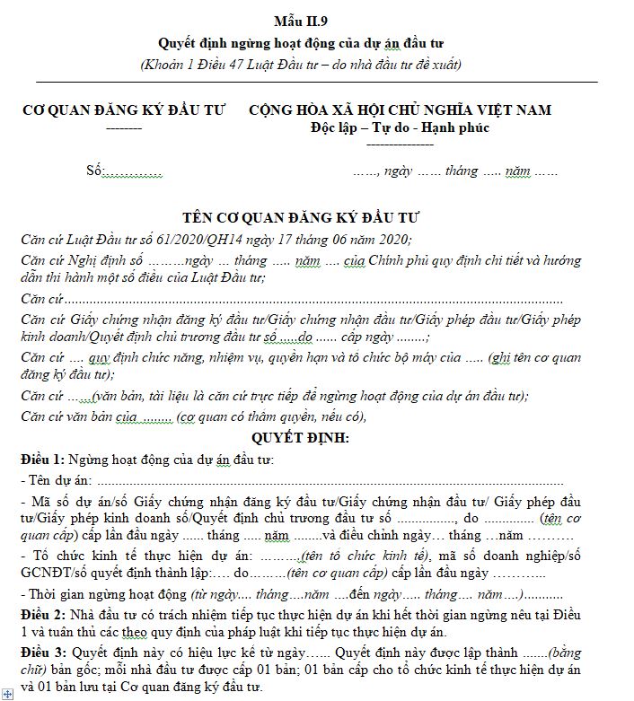 Mẫu Quyết định ngừng hoạt động của dự án đầu tư (Do nhà đầu tư đề xuất)