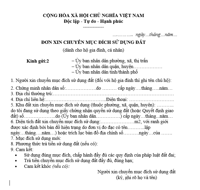 Mẫu đơn Xin Chuyển Mục đích Sử Dụng đất Dành Cho Cá Nhân 3718